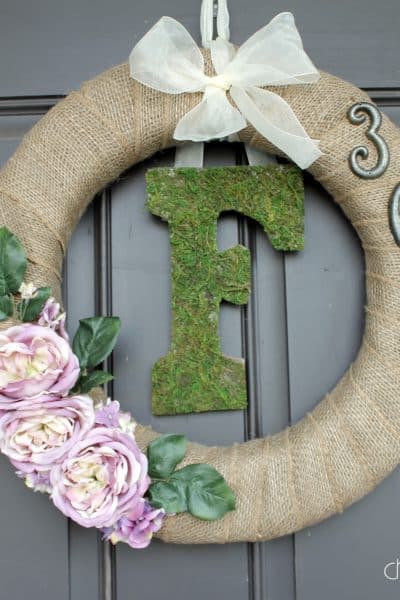 Moss Monogram Spring Wreath at createcraftlove.com #spring #wreath