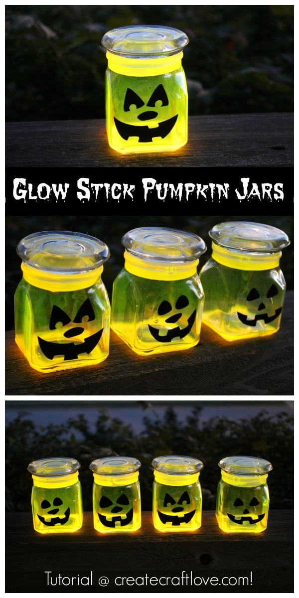 Great last minute Halloween project - Glow Stick Pumpkin Jars! via createcraftlove.com