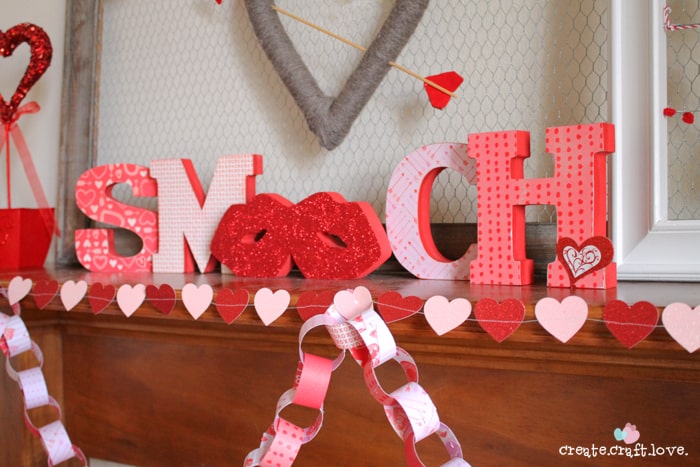 Red, white and pink Valentine Mantel via createcraftlove.com #valentinesday #mantel 