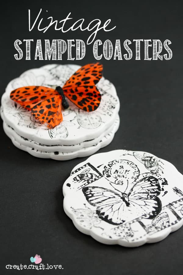 Join me at the Branson Hills Michaels location on Feb 16th from 1-4pm to make these Vintage Stamped Coasters! #ad #MPinterestParty #homedecor