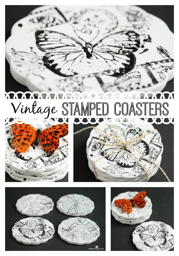 Join me at the Branson Hills Michaels location on Feb 16th from 1-4pm to make these Vintage Stamped Coasters! #ad #MPinterestParty #homedecor