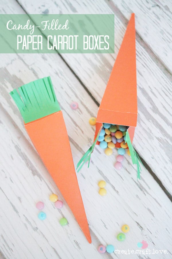 These Candy-Filled Paper Carrot Boxes would be perfect for your Easter Egg Hunt! #easter #papercrafts #easterideas 