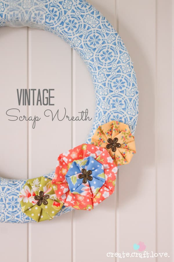 Vintage Scrap Wreath made from left over scrap fabric! via createcraftlove.com #wreath #fabric #summer