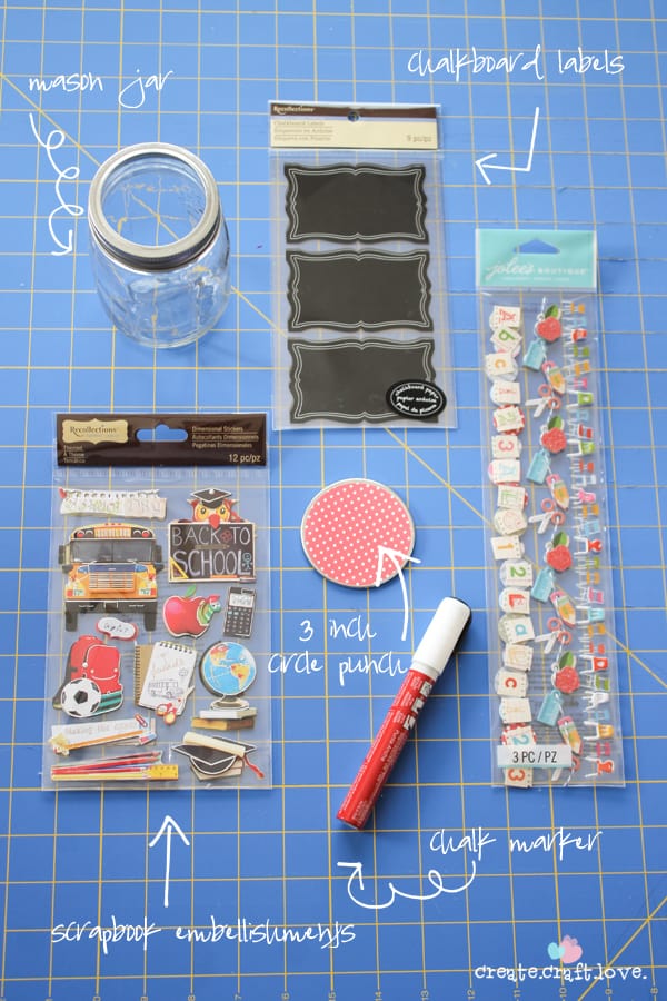Grab some scrapbook embellishments, a mason jar and some candy to create this Mason Jar Gift for Teacher's Appreciation Week! www.createcraftlove.com