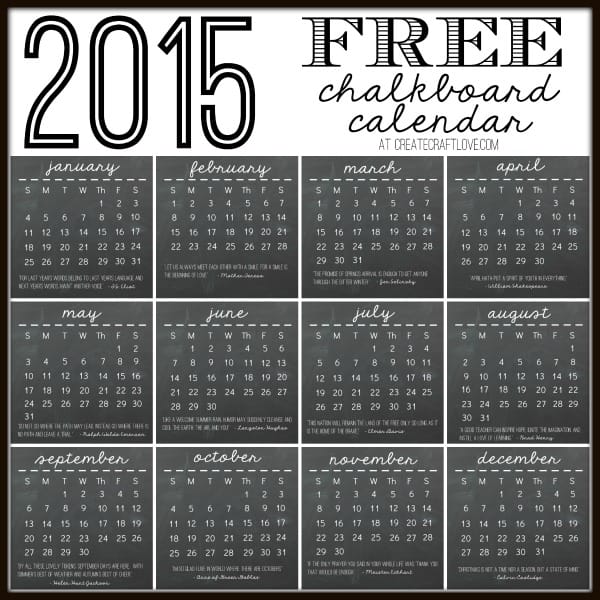 2015 FREE Chalkboard Calendar Printable available at createcraftlove.com