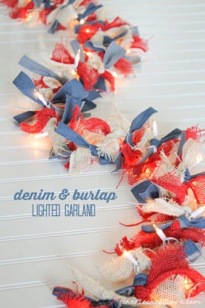 This Denim and Burlap Lighted Garland adds a touch of Americana this Fourth of July! via createcraftlove.com