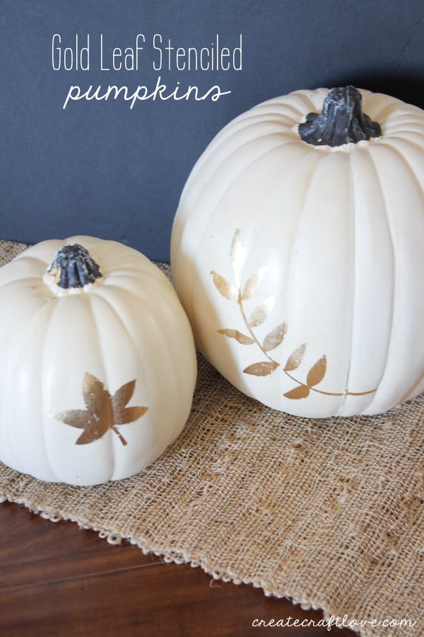 You will love how pretty these Gold Leaf Stenciled Pumpkins look!! via createcraftlove.com