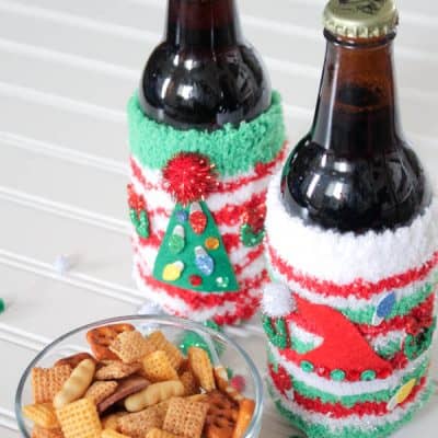These Ugly Christmas Sweater Coozies are great to dress up your holiday beverages! via createcraftlove.com