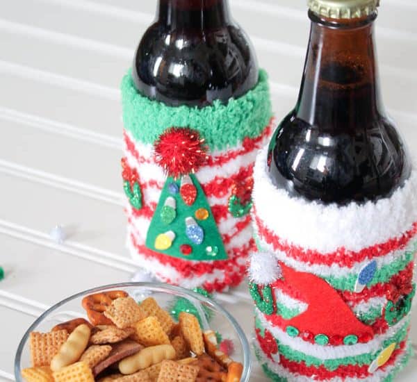 These Ugly Christmas Sweater Coozies are great to dress up your holiday beverages! via createcraftlove.com