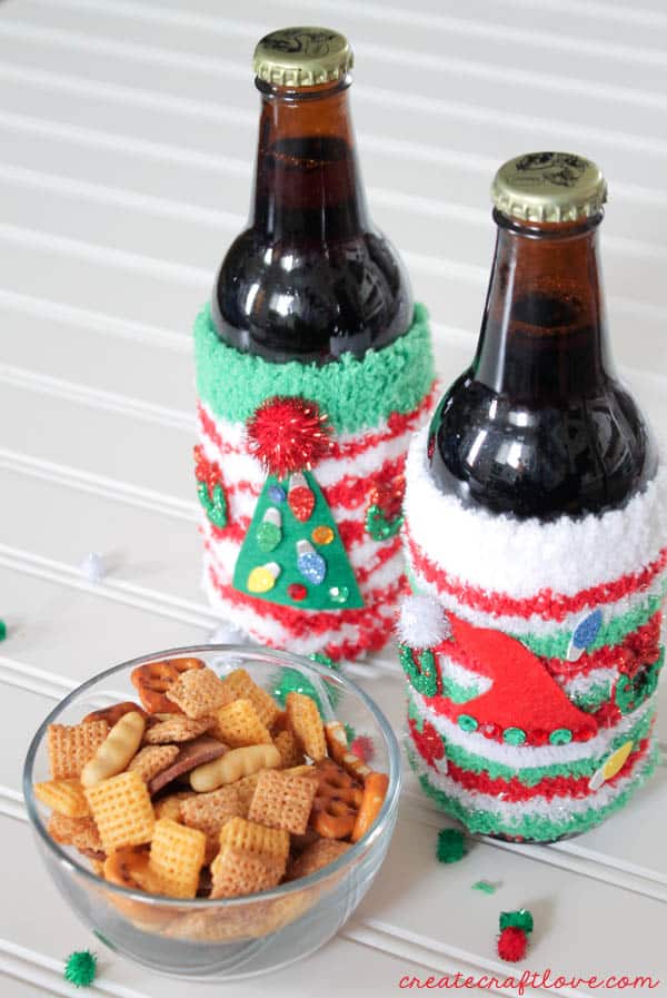 These Ugly Christmas Sweater Coozies are great to dress up your holiday beverages! via createcraftlove.com