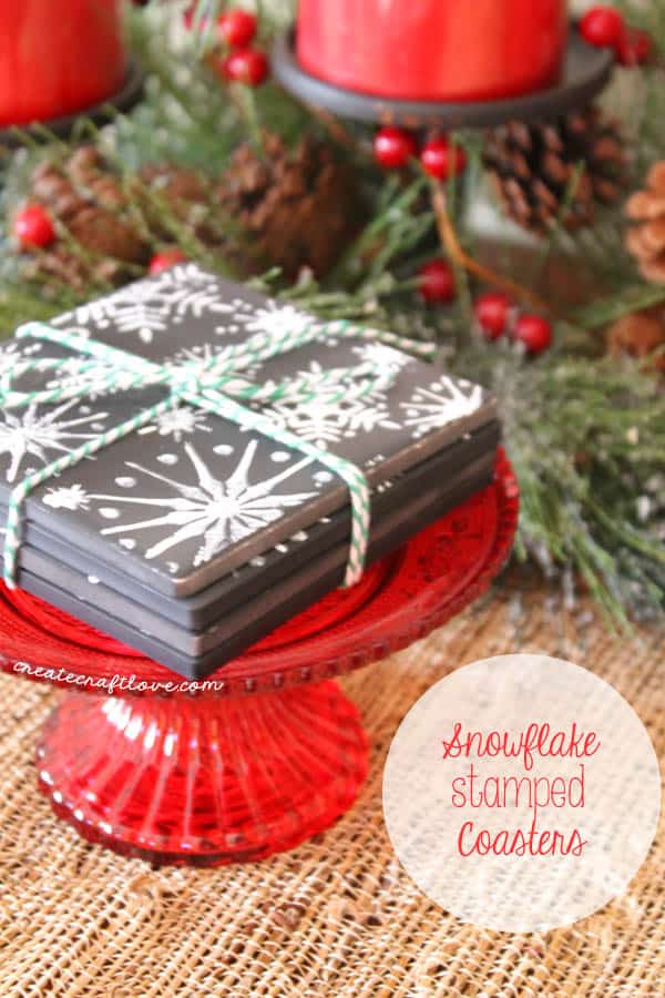These Snowflake Stamped Coasters make a great hostess gift this holiday season! via createcraftlove.com