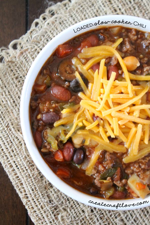 Loaded Slow Cooker Chili - not your traditional chili recipe! via createcraftlove.com