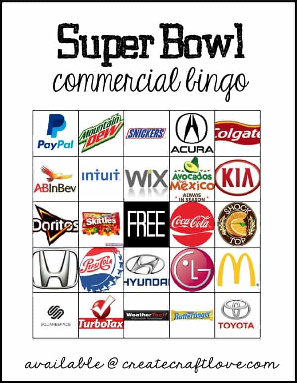 Super Bowl 55 Commercial Bingo Free Printable