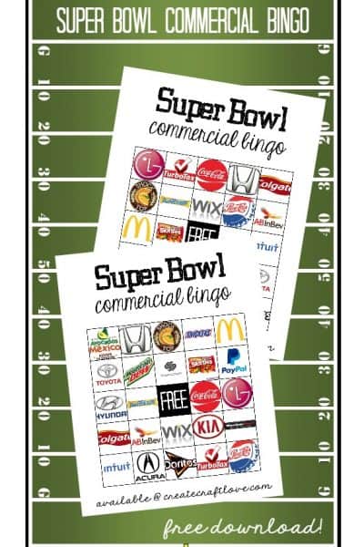 Make it a party with this Super Bowl Commercial Bingo! Free download available at createcraftlove.com!