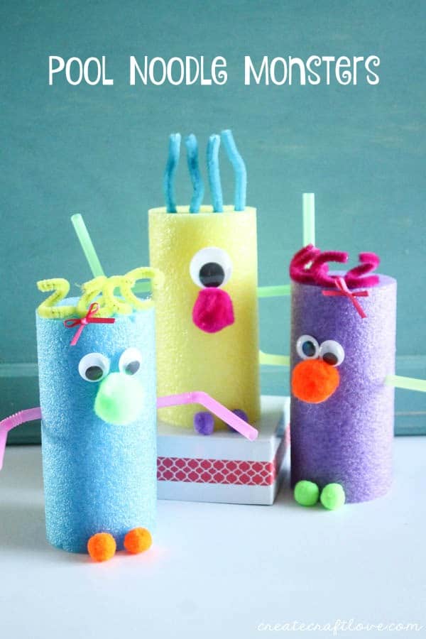 These Pool Noodle Monsters are a great kids craft for a summer day! via createcraftlove.com