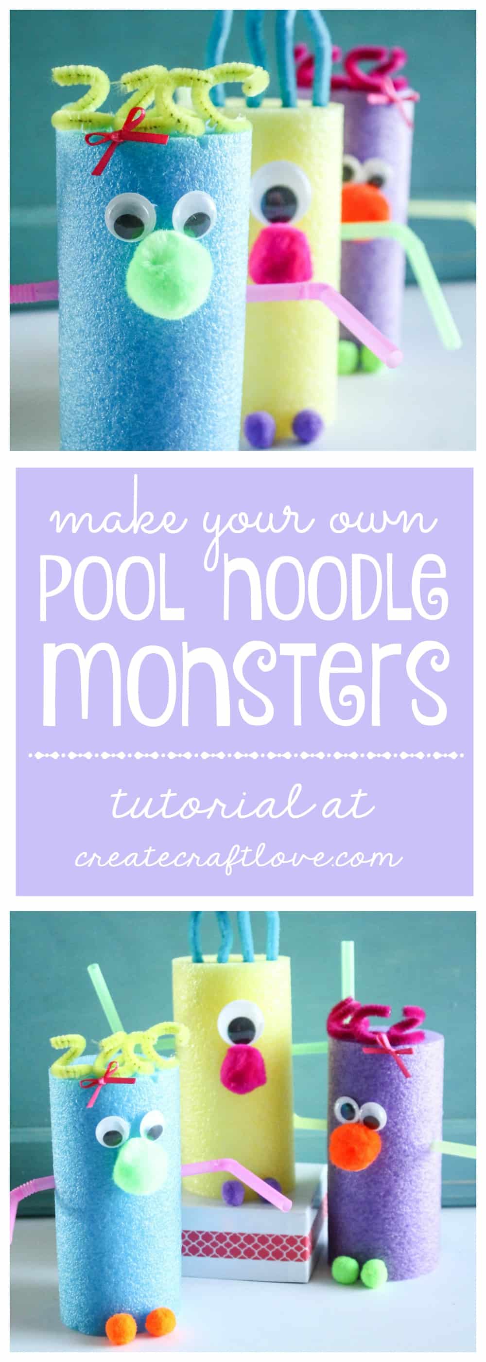 These Pool Noodle Monsters are a great kids craft for a summer day! via createcraftlove.com