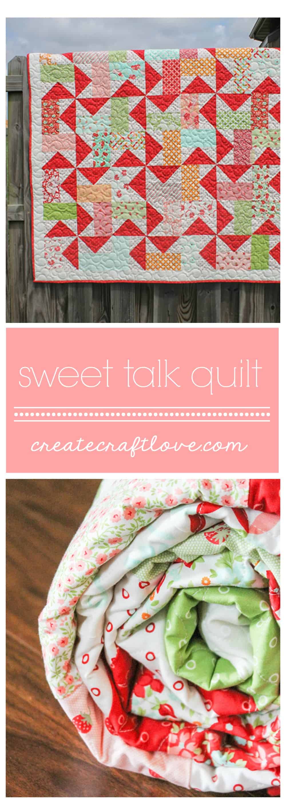This Sweet Talk Quilt is made up of fun pinwheel blocks and bright colors! via createcraftlove.com