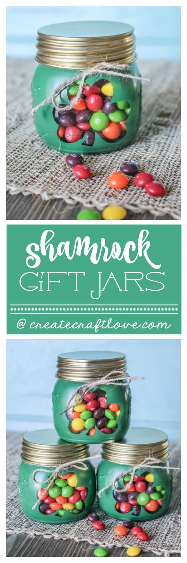 These Shamrock Gift Jars are a sweet treat with a hint of the rainbow! via createcraftlove.com