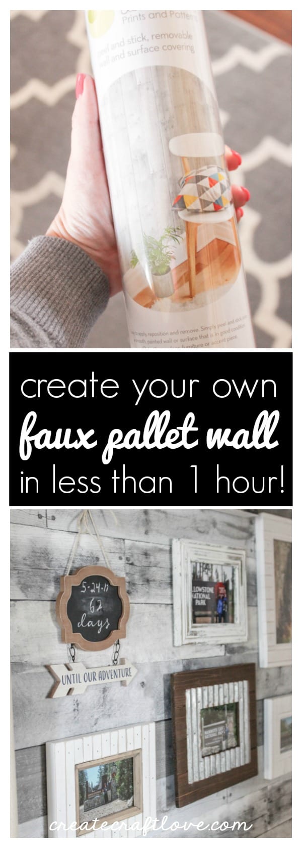 Use adhesive wall paper to create a statement Faux Pallet Wood Wall!