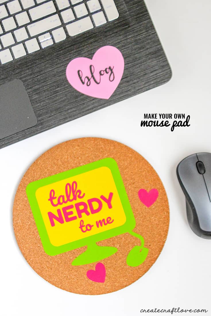 Make your own mouse pad!  All you need is a cork mat, some adhesive vinyl and my free SVG file!