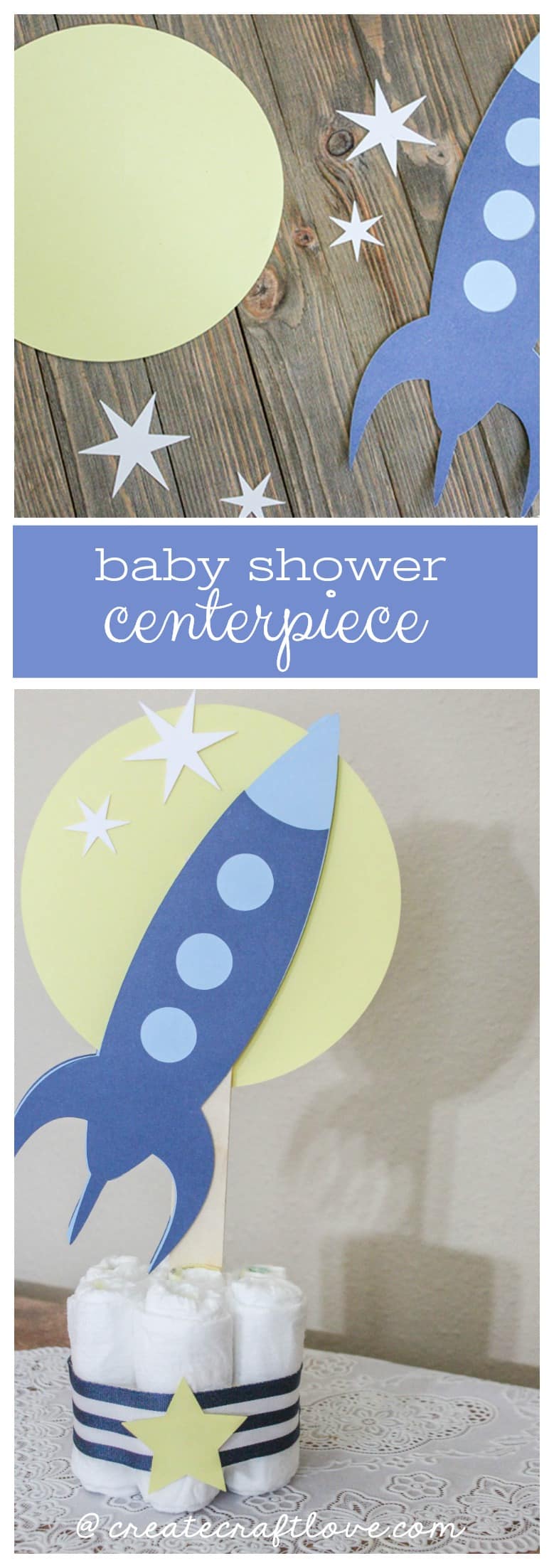 This Baby Shower Centerpiece is perfect for rocket ship or space themed nurseries! Plus they can keep the diapers!