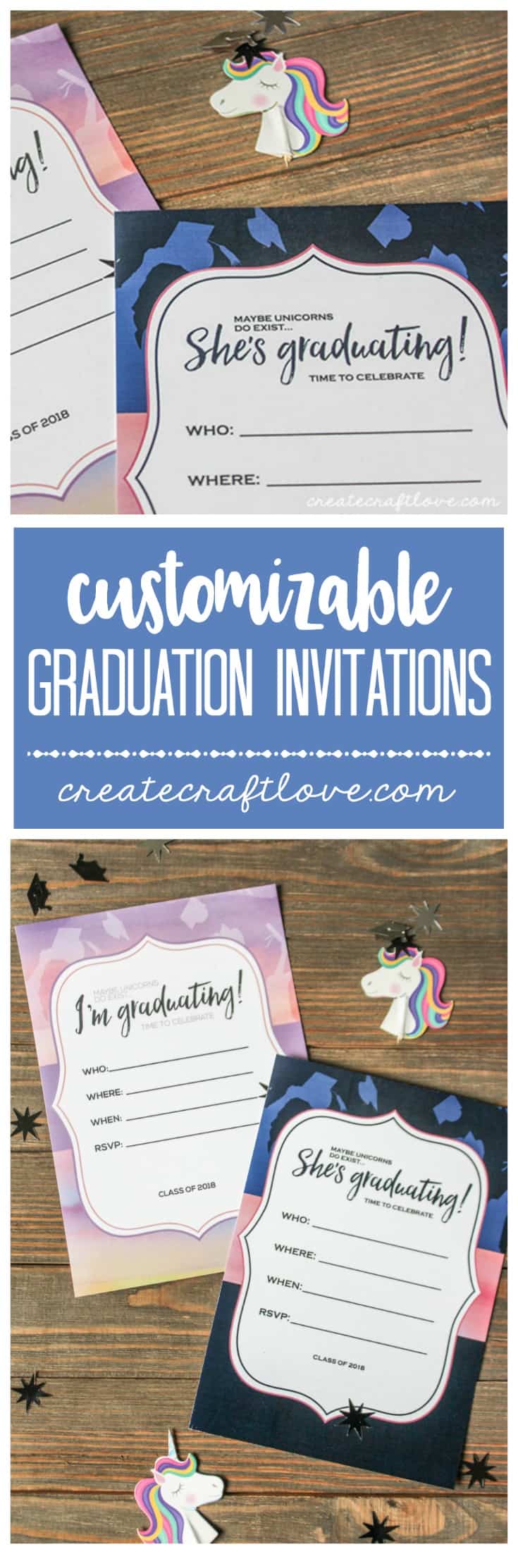 We created these unicorn inspired Customizable Graduation Invitations for your graduation party!