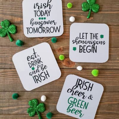 Make these Irish Drinking Coasters for your St. Patrick's Day party! #createcraftlove #stpatricksday #drinkcoasters #irononvinyl #easypress2 #cricut #cricutmaker