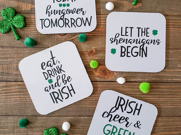 Make these Irish Drinking Coasters for your St. Patrick's Day party! #createcraftlove #stpatricksday #drinkcoasters #irononvinyl #easypress2 #cricut #cricutmaker