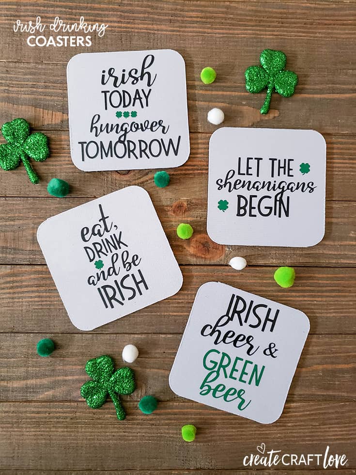 Make these Irish Drinking Coasters for your St. Patrick's Day party! #createcraftlove #stpatricksday #drinkcoasters #irononvinyl #easypress2 #cricut #cricutmaker